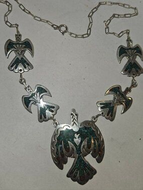 RARE Signed Charlie Singer Navajo Sterling Silver Turquoise 5 Bird Bib Necklace